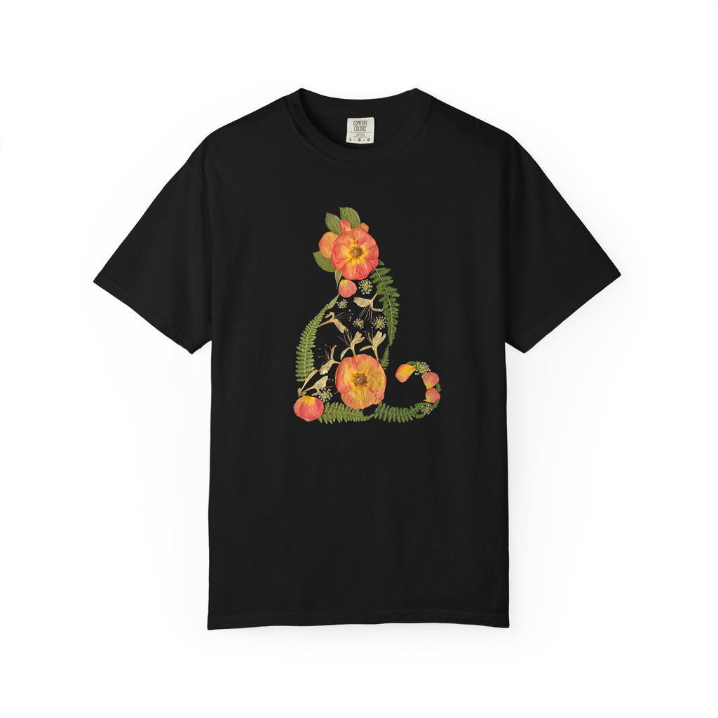 Rose Garden Cat botanical t-shirt with pressed flower design, fabric detail