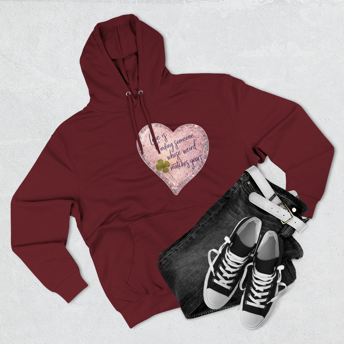 Love Is Couple Hoodie - four-leaf clover heart graphic on unisex hoodie, The Neat Rack