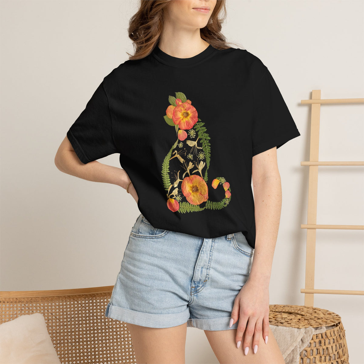 Rose Garden Cat botanical t-shirt with pressed flower design, front view