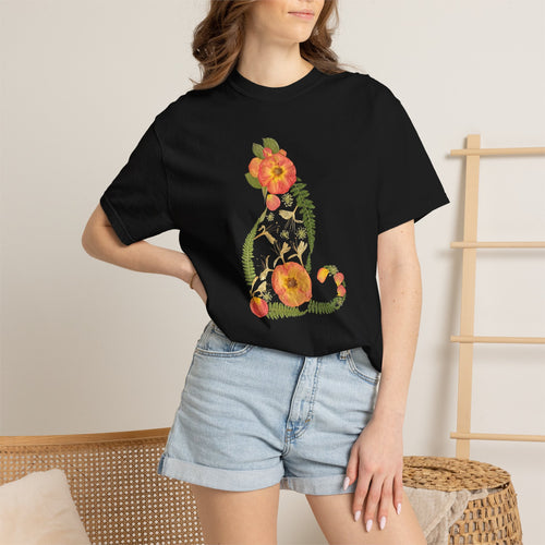 Rose Garden Cat botanical t-shirt with pressed flower design, front view