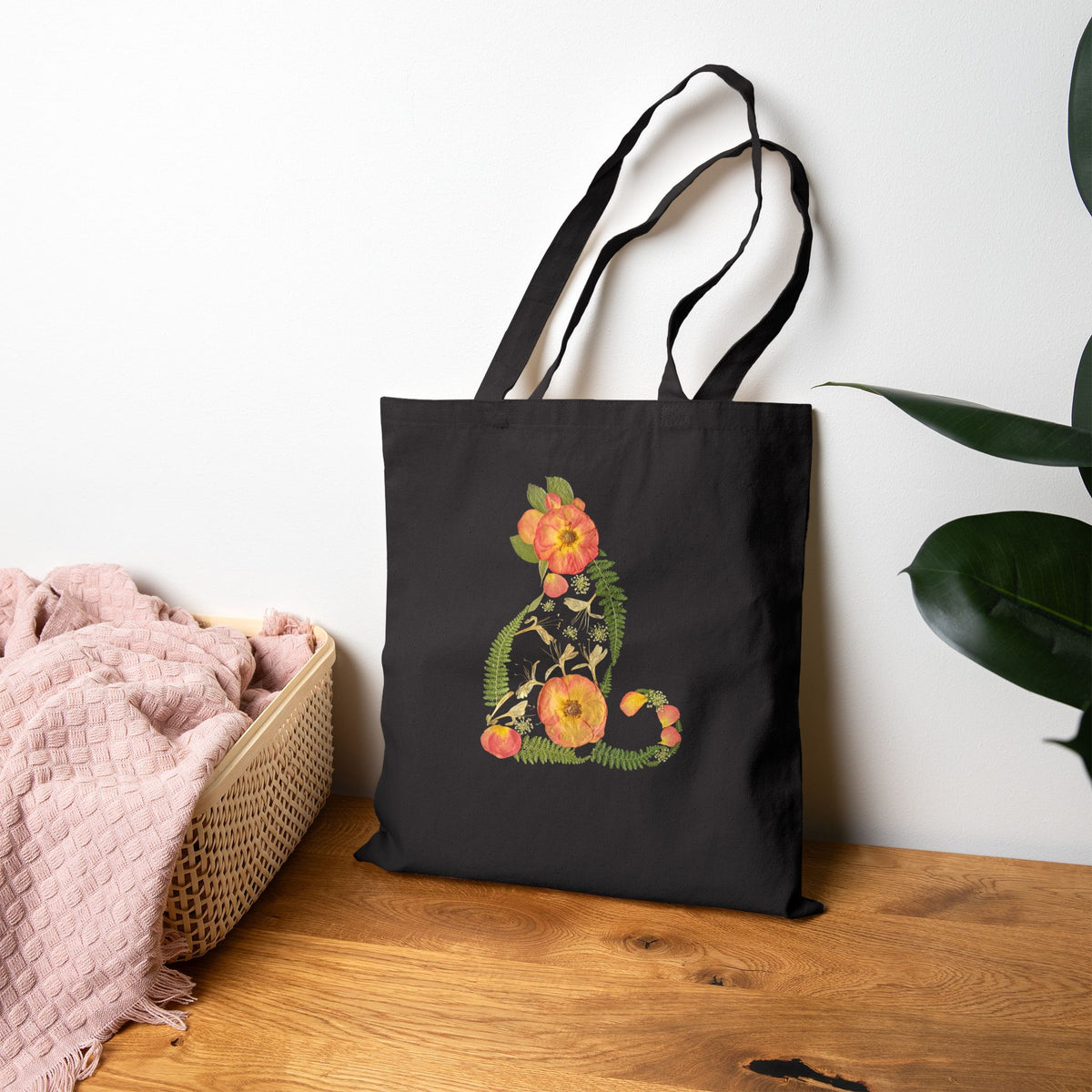 Midnight Rose Cat cotton canvas tote bag with original pressed flower artwork, The Neat Rack