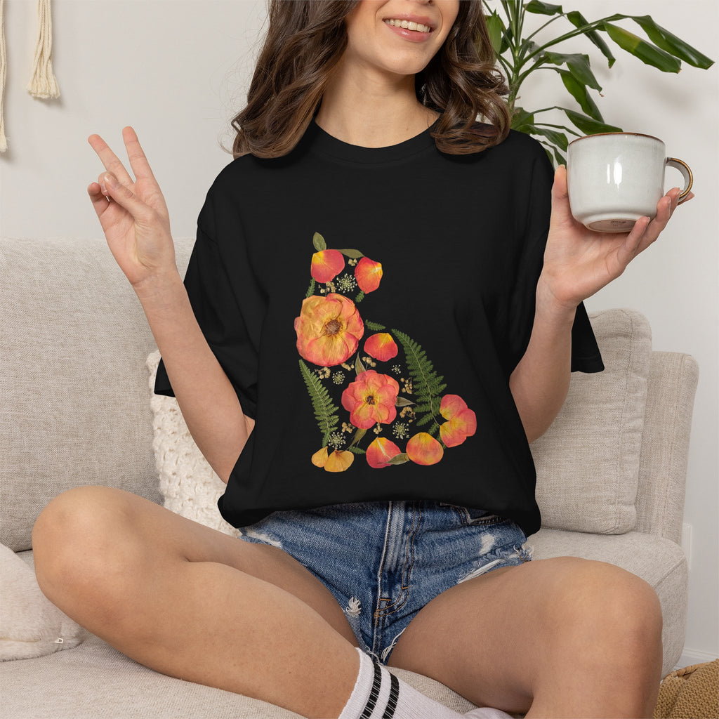 Midnight Rose Cat botanical t-shirt with pressed flower design, close-up of the printed design