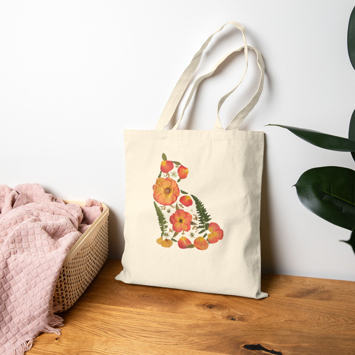Rose Garden Cat cotton canvas tote bag with original pressed flower artwork, The Neat Rack