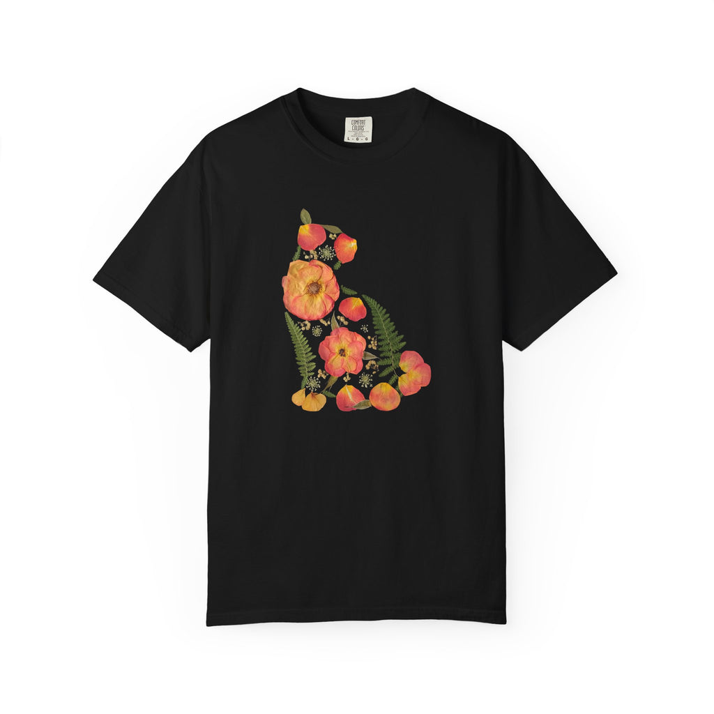 Midnight Rose Cat botanical t-shirt with pressed flower design, fabric detail