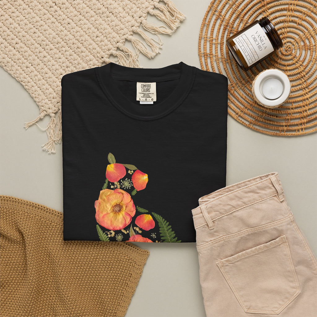 Midnight Rose Cat botanical t-shirt with pressed flower design, back view