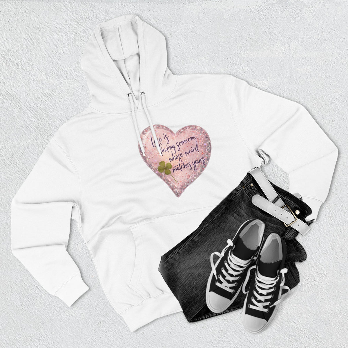 Love Is Couple Hoodie - four-leaf clover heart graphic on unisex hoodie, The Neat Rack