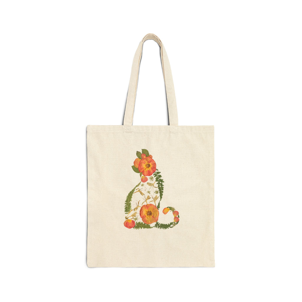 Midnight Rose Cat cotton canvas tote bag with original pressed flower artwork, The Neat Rack