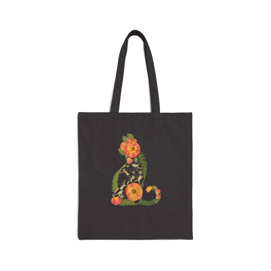 Midnight Rose Cat cotton canvas tote bag with original pressed flower artwork, The Neat Rack