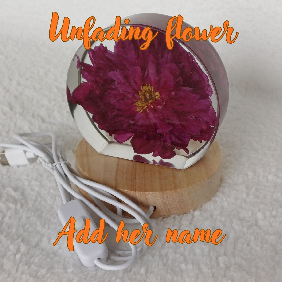 Whole flower preserved in resin, unfading bloom