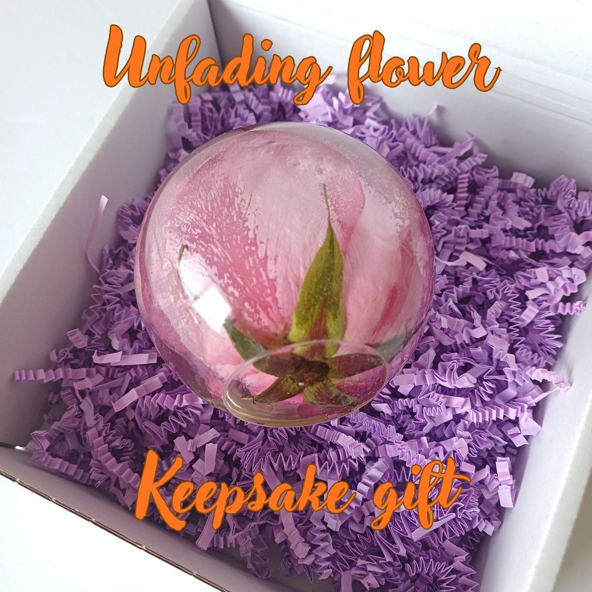Whole flower preserved in resin, unfading bloom, full view