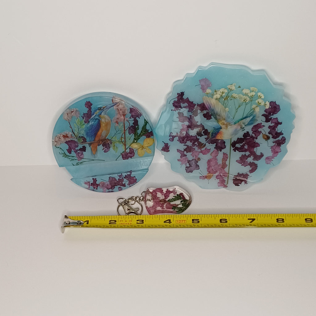 Real Flower Desk Gift Set, Coaster, Phone Holder and Keychain in Organza Gift Bag, Handmade Resin, Dorm or Office Gift