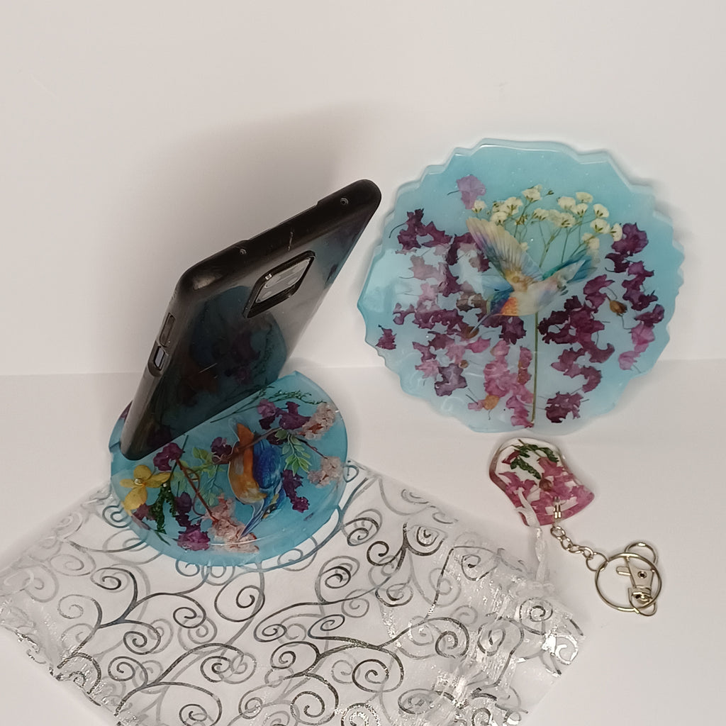 Real Flower Desk Gift Set, Coaster, Phone Holder and Keychain in Organza Gift Bag, Handmade Resin, Dorm or Office Gift