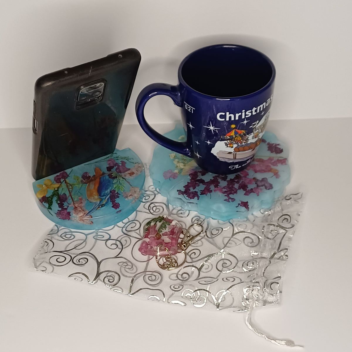 Real Flower Desk Gift Set, Coaster, Phone Holder and Keychain in Organza Gift Bag, Handmade Resin, Dorm or Office Gift