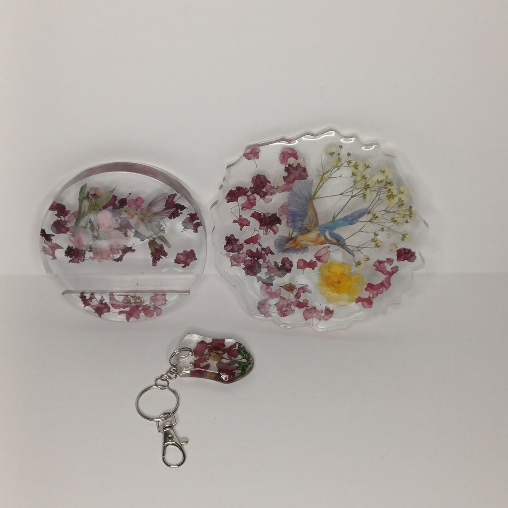 Real Flower Desk Gift Set, Coaster, Phone Holder and Keychain in Organza Gift Bag, Handmade Resin, Dorm or Office Gift