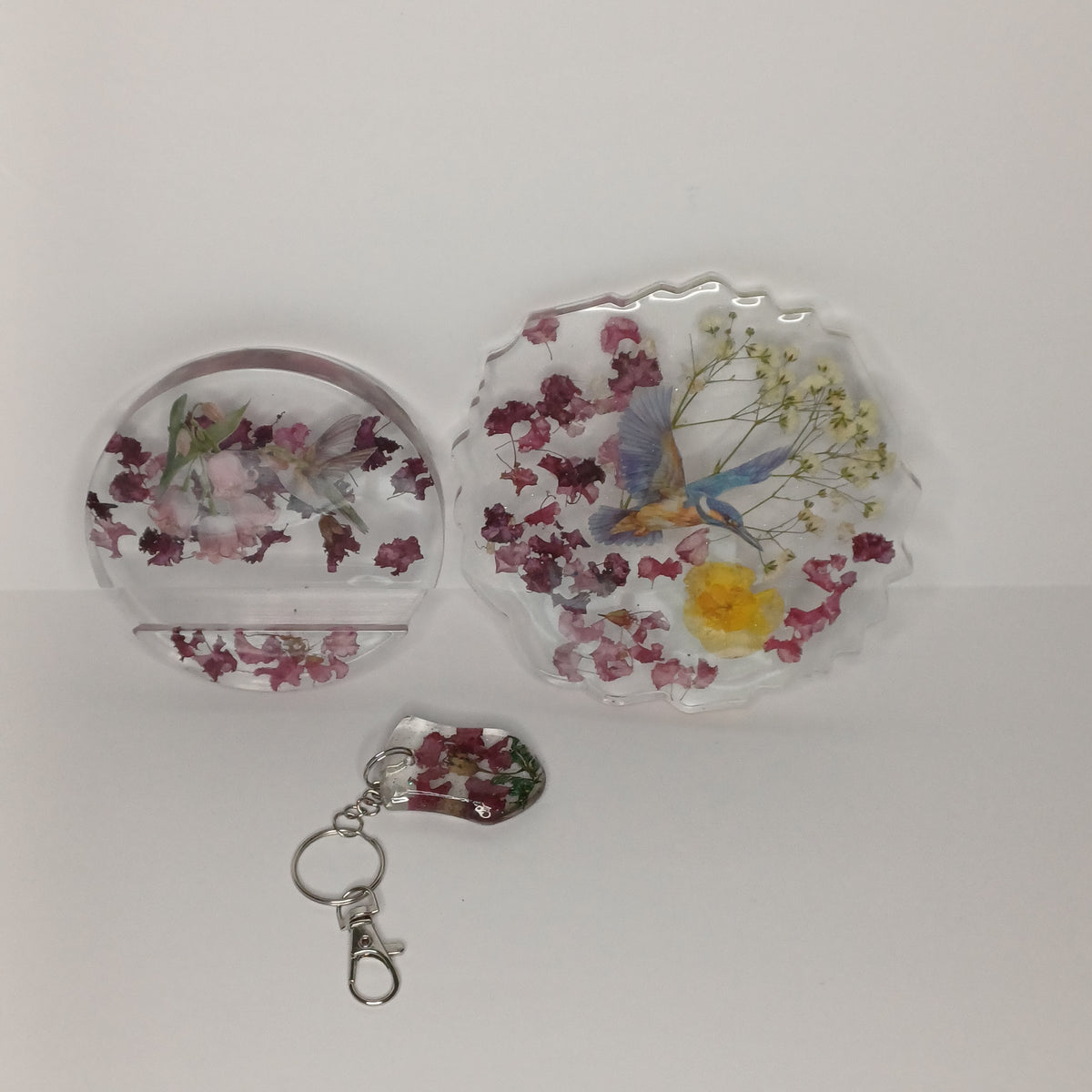 Real Flower Desk Gift Set, Coaster, Phone Holder and Keychain in Organza Gift Bag, Handmade Resin, Dorm or Office Gift
