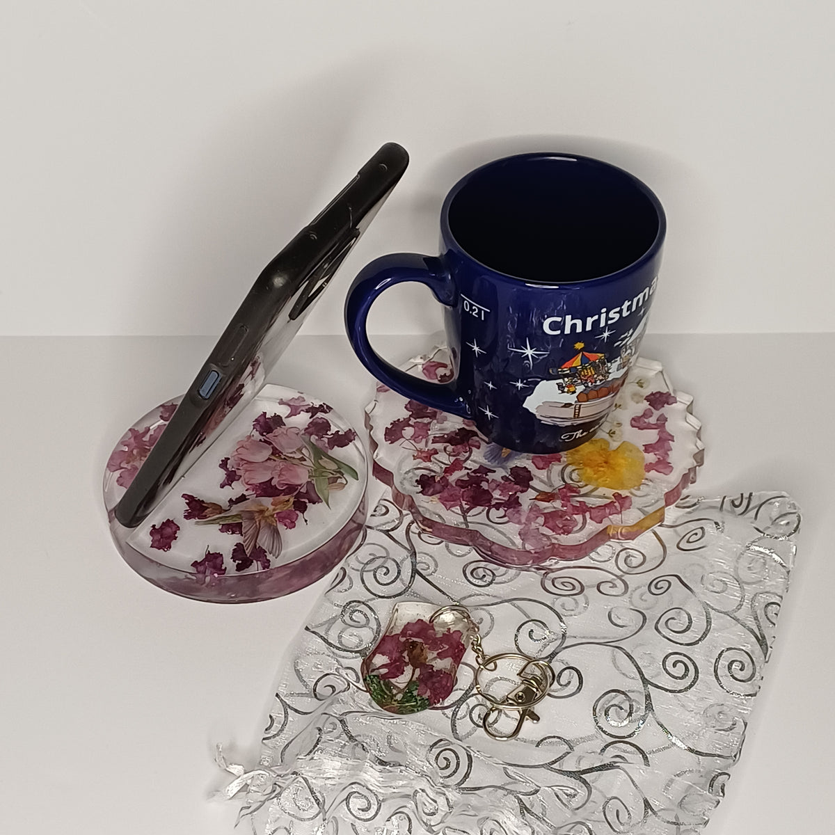 Real Flower Desk Gift Set, Coaster, Phone Holder and Keychain in Organza Gift Bag, Handmade Resin, Dorm or Office Gift
