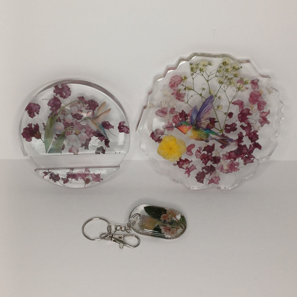 Real Flower Desk Gift Set, Coaster, Phone Holder and Keychain in Organza Gift Bag, Handmade Resin, Dorm or Office Gift