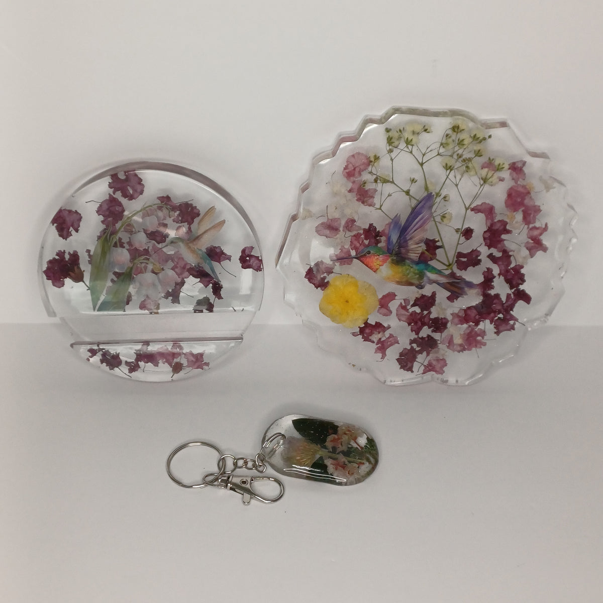 Real Flower Desk Gift Set, Coaster, Phone Holder and Keychain in Organza Gift Bag, Handmade Resin, Dorm or Office Gift