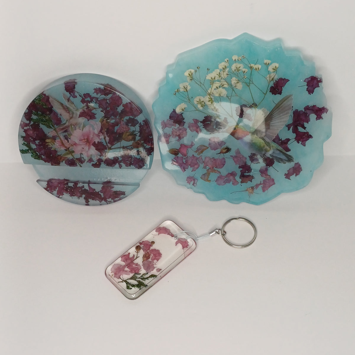 Real Flower Desk Gift Set, Coaster, Phone Holder and Keychain in Organza Gift Bag, Handmade Resin, Dorm or Office Gift