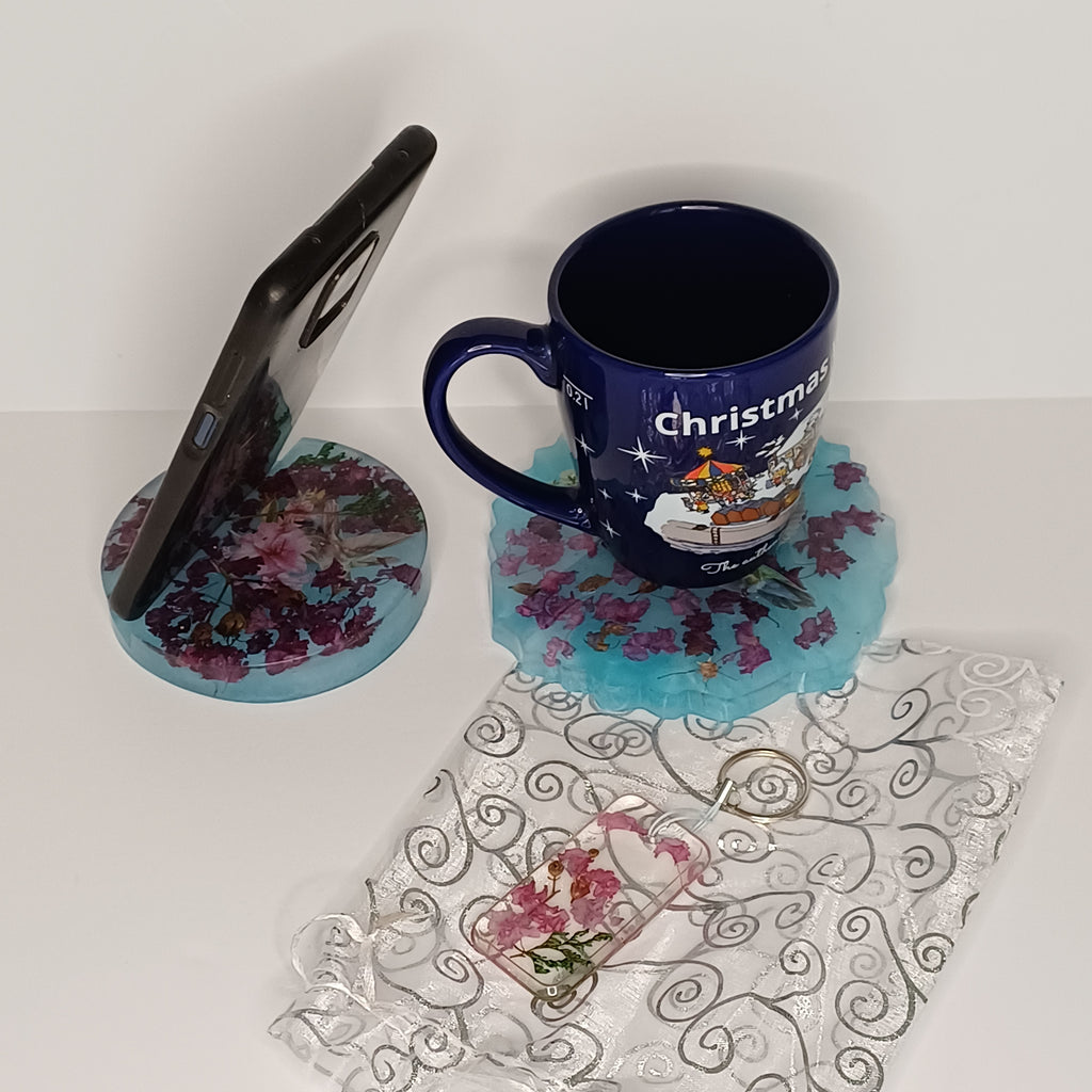 Real Flower Desk Gift Set, Coaster, Phone Holder and Keychain in Organza Gift Bag, Handmade Resin, Dorm or Office Gift
