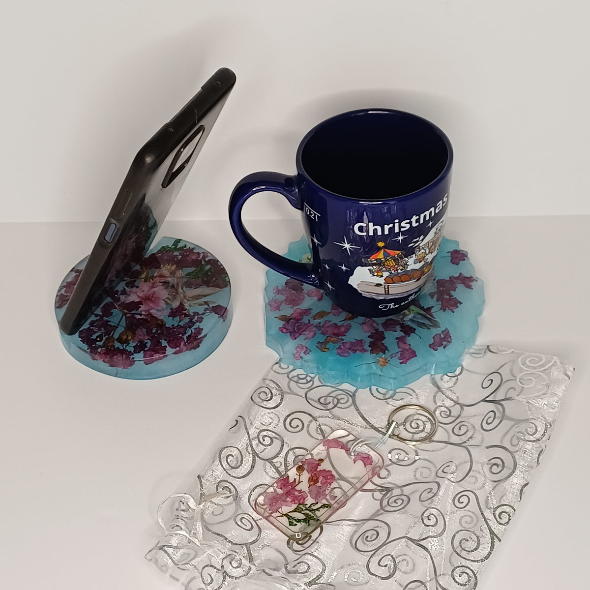 Real Flower Desk Gift Set, Coaster, Phone Holder and Keychain in Organza Gift Bag, Handmade Resin, Dorm or Office Gift