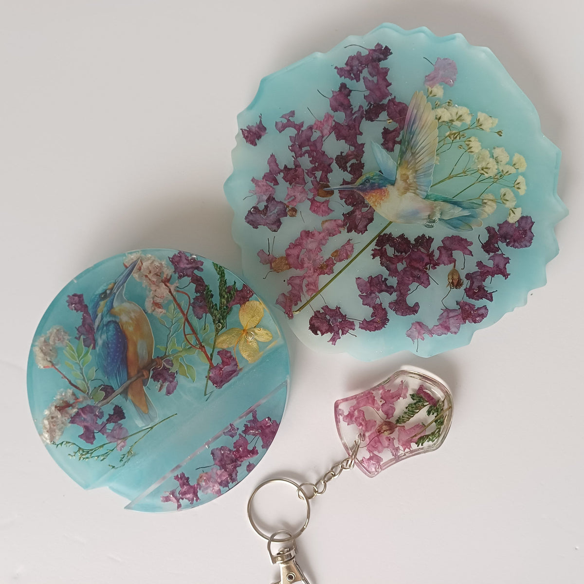Real Flower Desk Gift Set, Coaster, Phone Holder and Keychain in Organza Gift Bag, Handmade Resin, Dorm or Office Gift