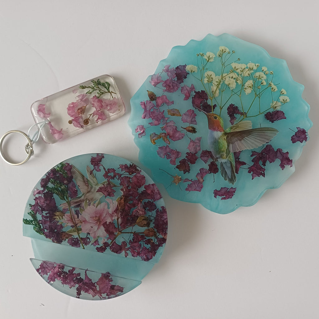 Real Flower Desk Gift Set, Coaster, Phone Holder and Keychain in Organza Gift Bag, Handmade Resin, Dorm or Office Gift