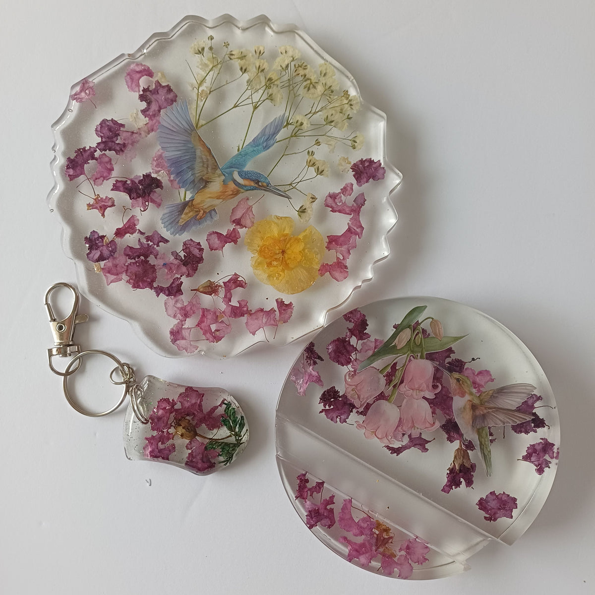 Real Flower Desk Gift Set, Coaster, Phone Holder and Keychain in Organza Gift Bag, Handmade Resin, Dorm or Office Gift