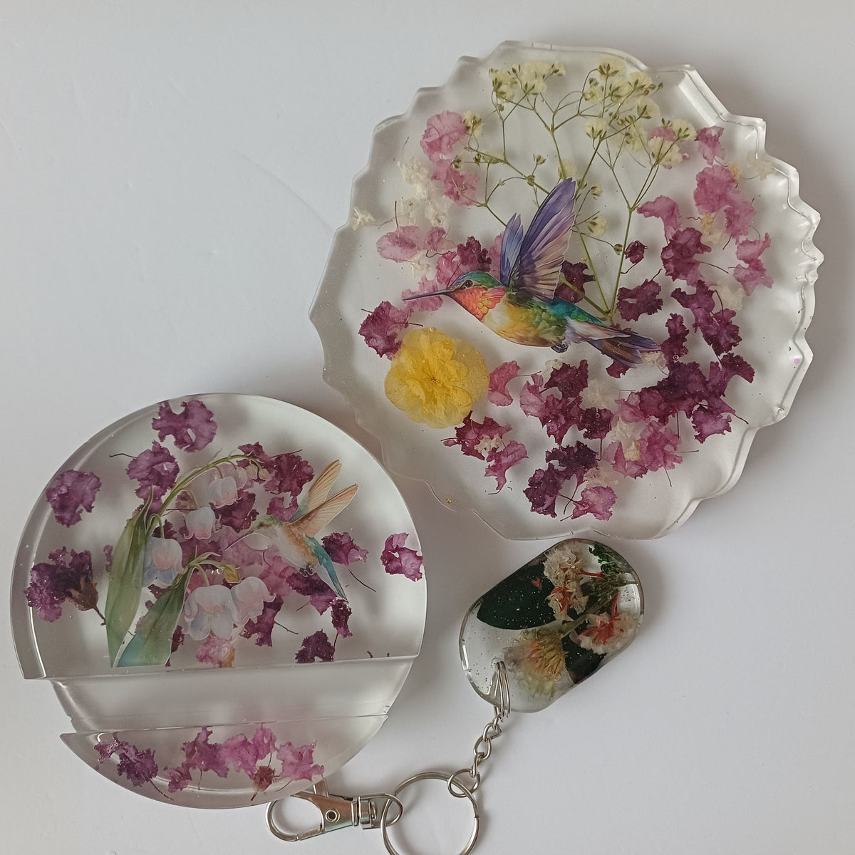 Real Flower Desk Gift Set, Coaster, Phone Holder and Keychain in Organza Gift Bag, Handmade Resin, Dorm or Office Gift