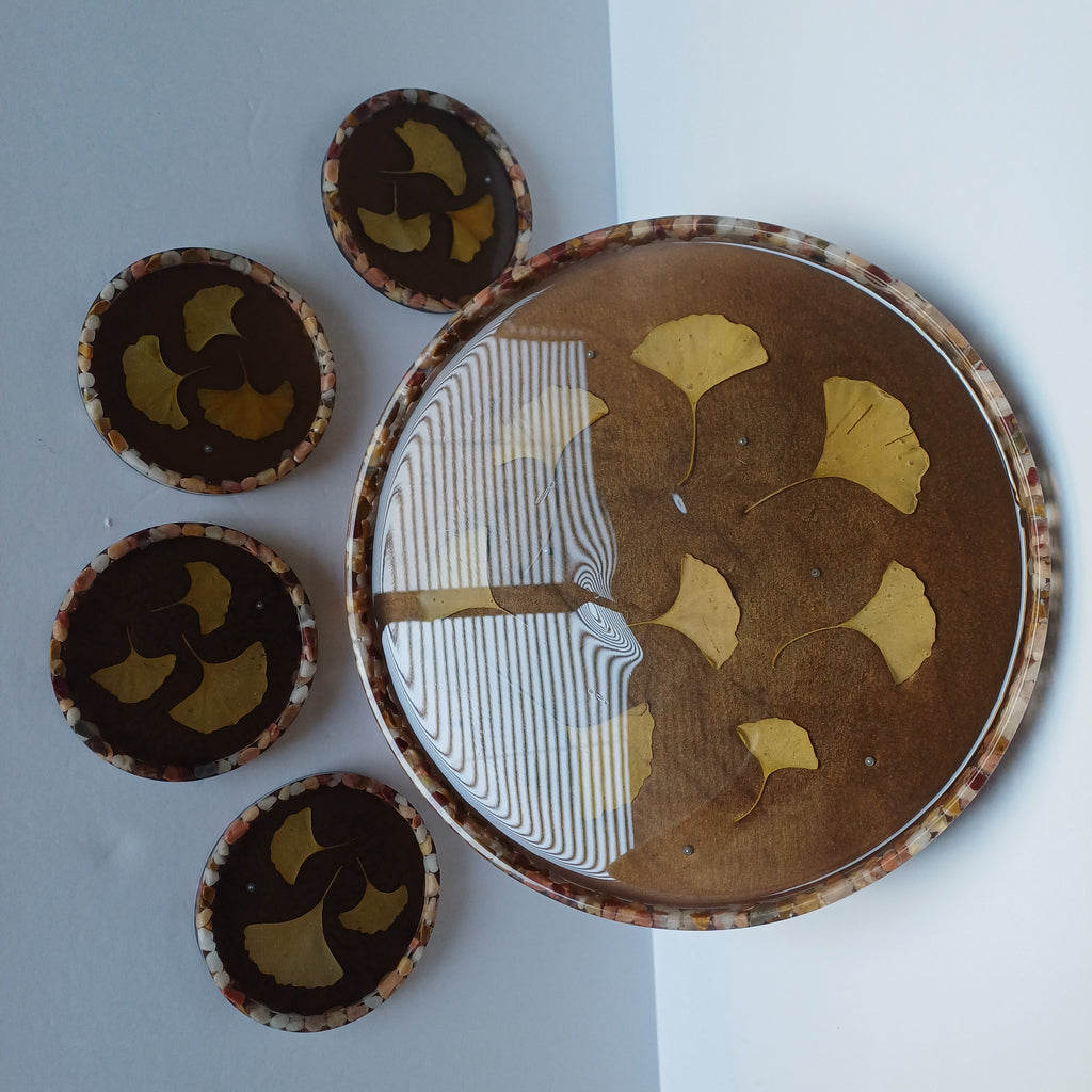 12 in Serving Tray with 4 matching  Coasters, real flower and leaves