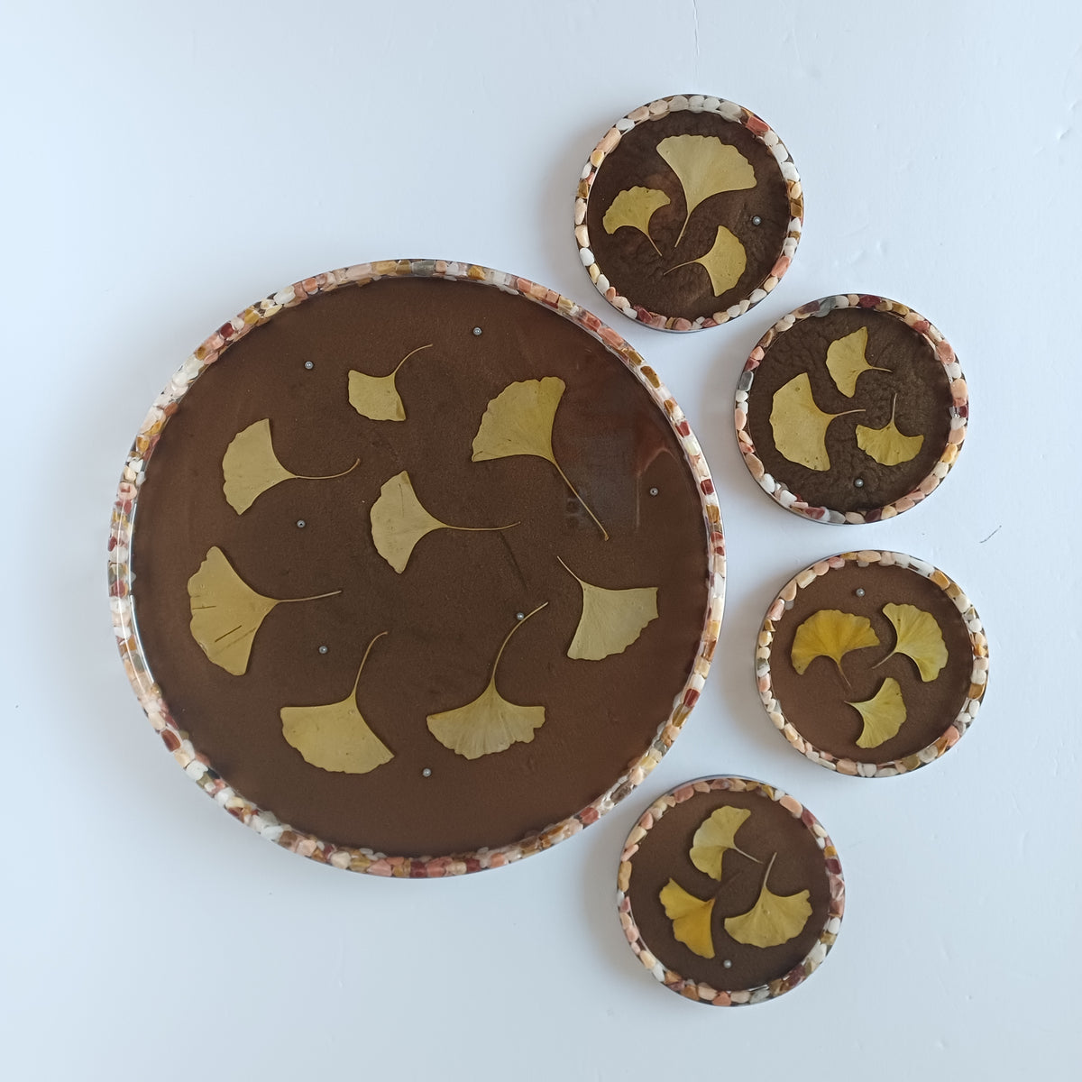Resin serving tray and coaster set with preserved flowers, full view