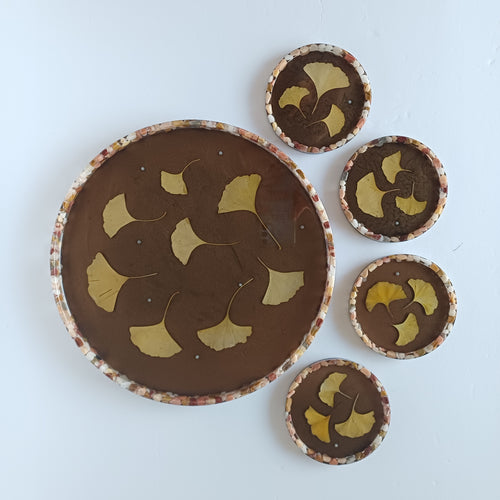 12 in Serving Tray with 4 matching  Coasters, real flower and leaves