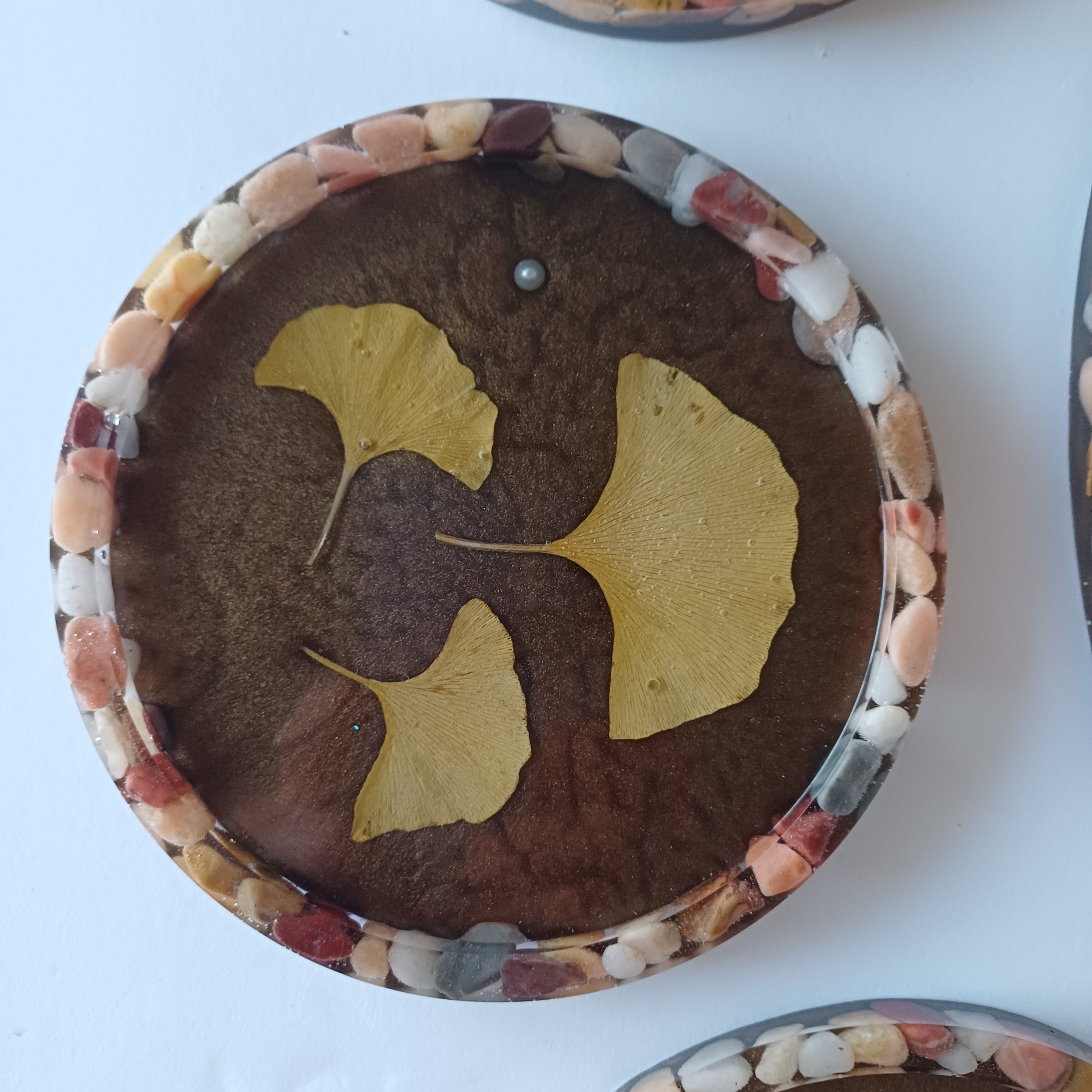 12 in Serving Tray with 4 matching  Coasters, real flower and leaves