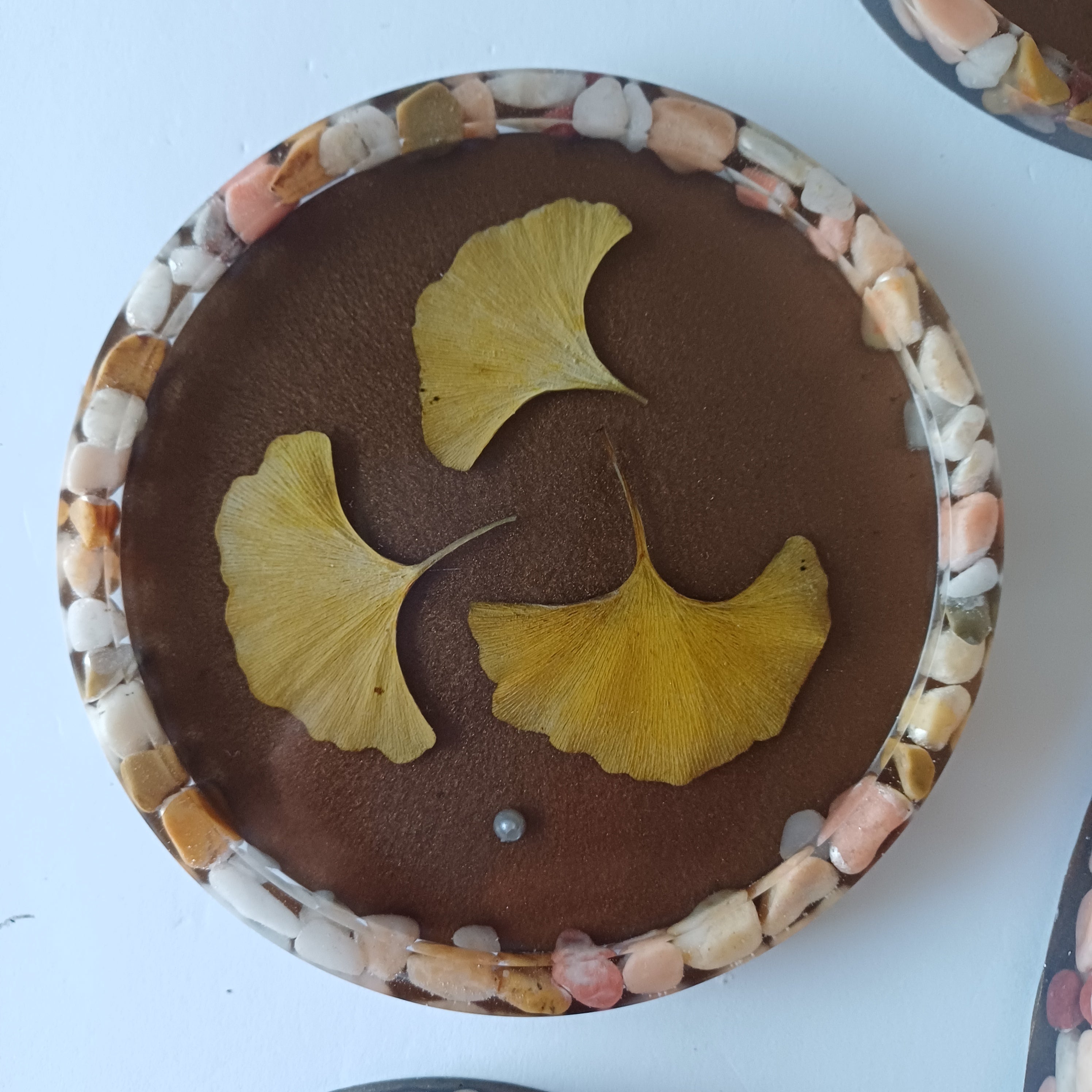 12 in Serving Tray with 4 matching  Coasters, real flower and leaves