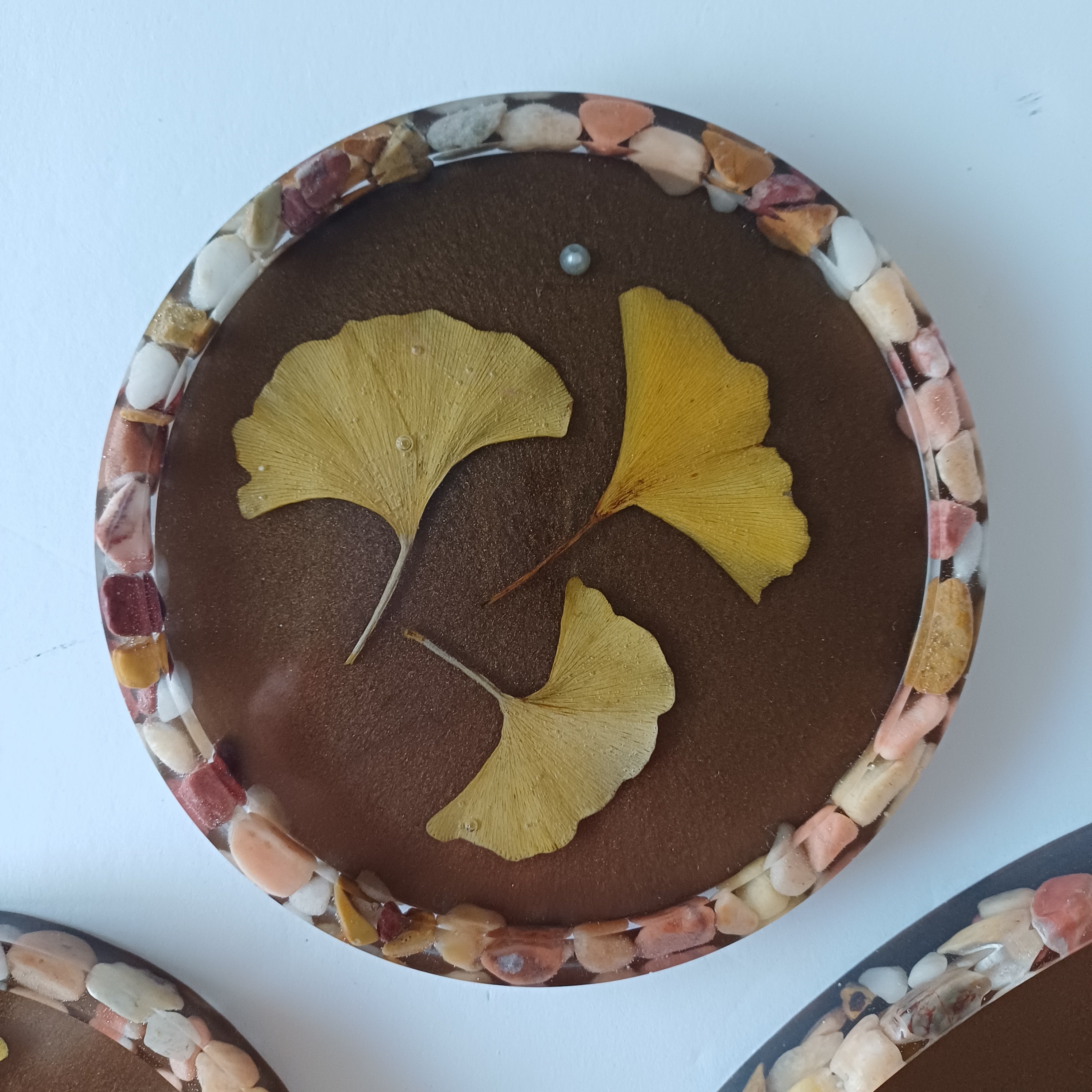 12 in Serving Tray with 4 matching  Coasters, real flower and leaves