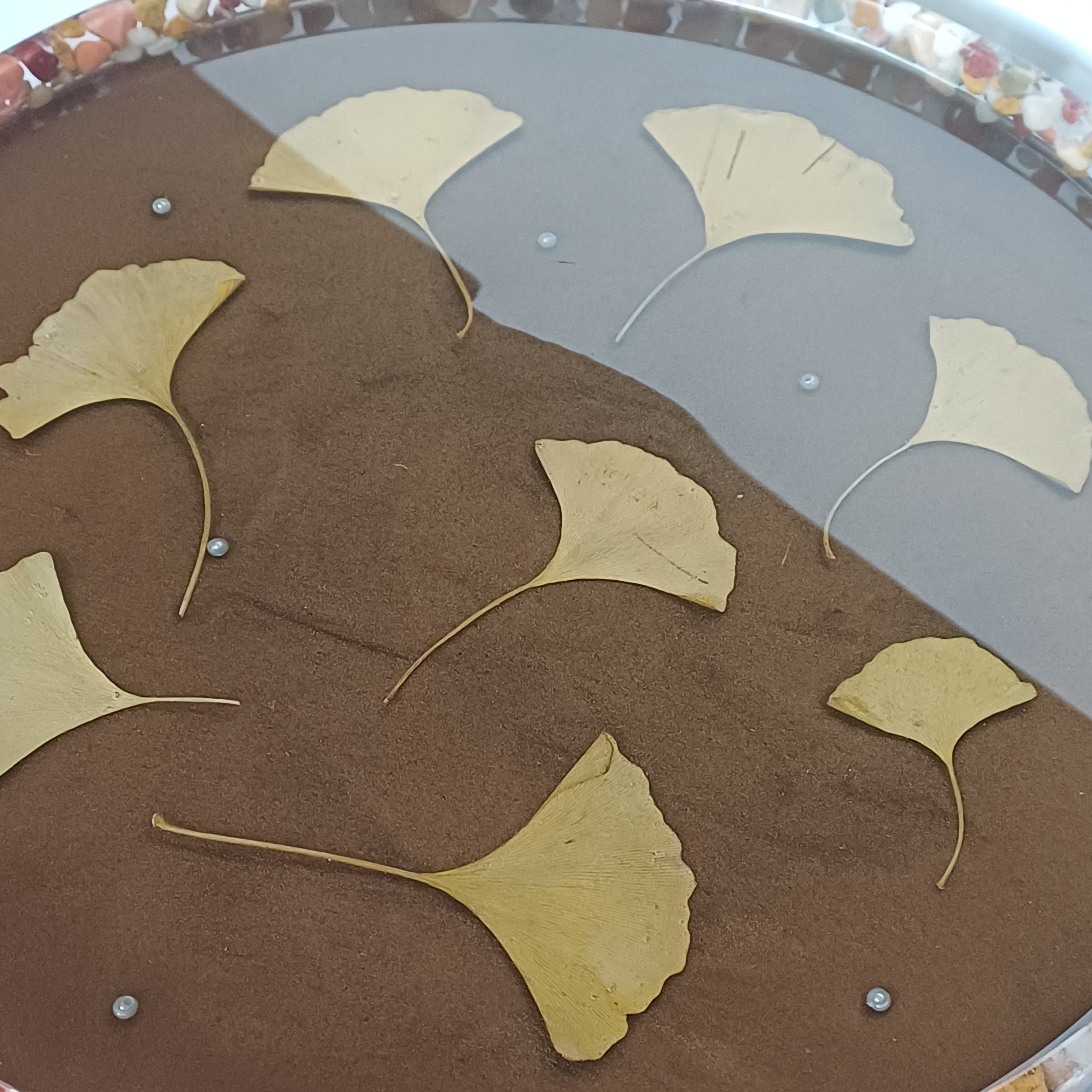 12 in Serving Tray with 4 matching  Coasters, real flower and leaves