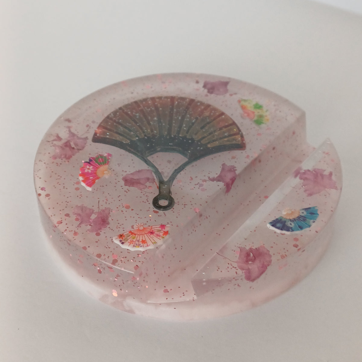 Round Artistic Resin Phone Holder, Mini Breakfast Scene or Fan and Petals, Handmade Desk Decor, Cute Gift for Her