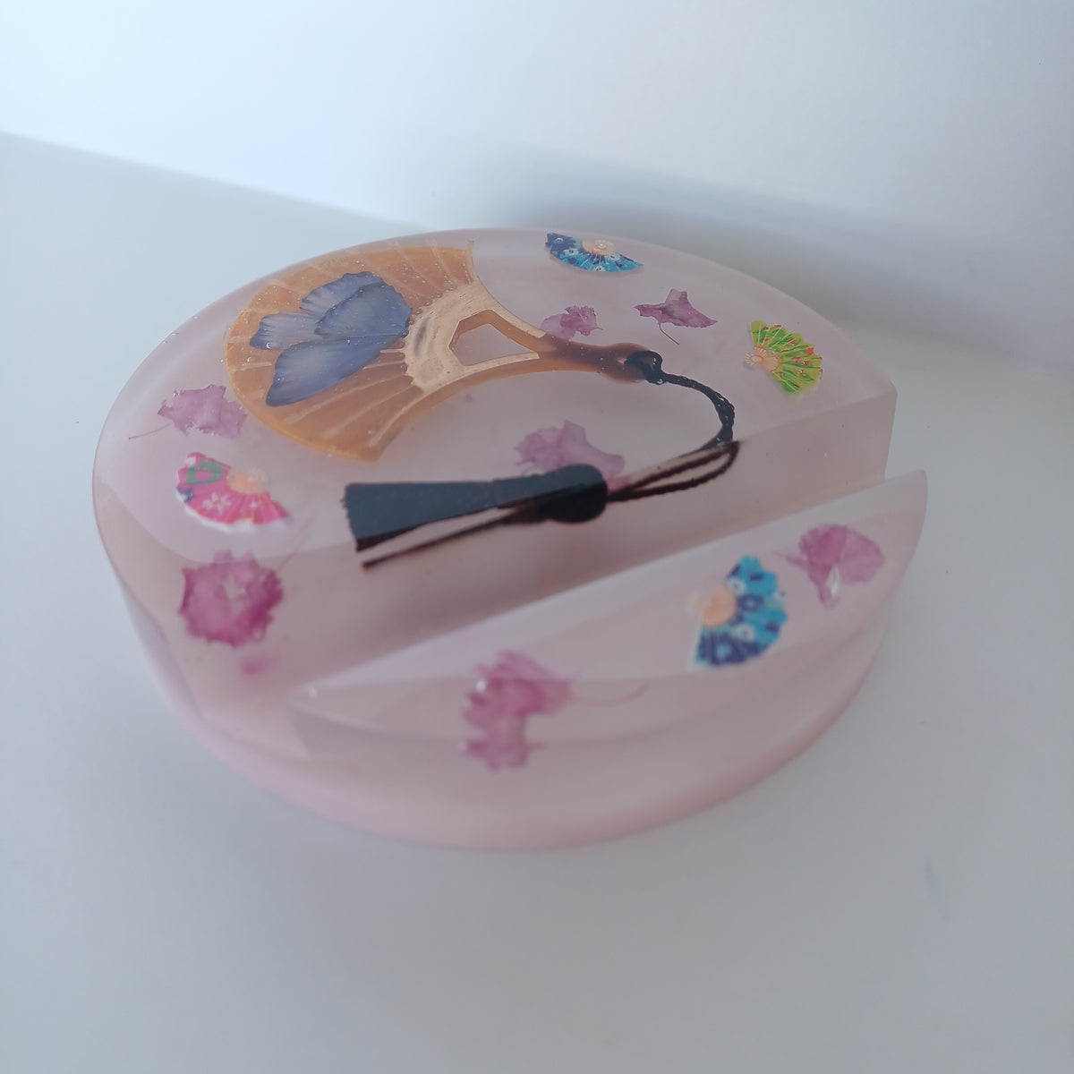 Round Artistic Resin Phone Holder, Mini Breakfast Scene or Fan and Petals, Handmade Desk Decor, Cute Gift for Her