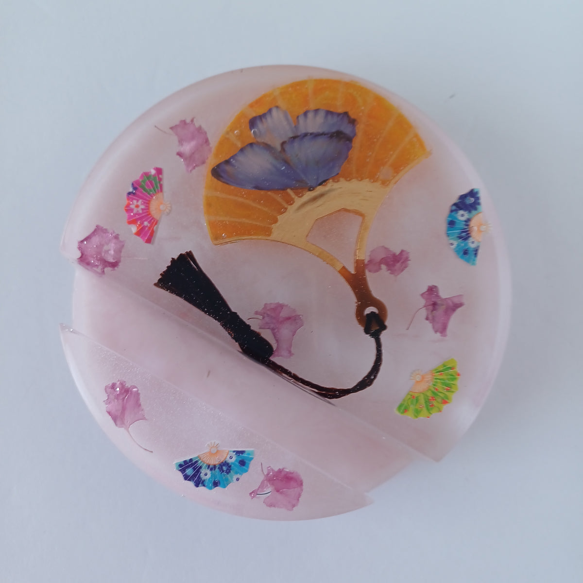 Round Artistic Resin Phone Holder, Mini Breakfast Scene or Fan and Petals, Handmade Desk Decor, Cute Gift for Her
