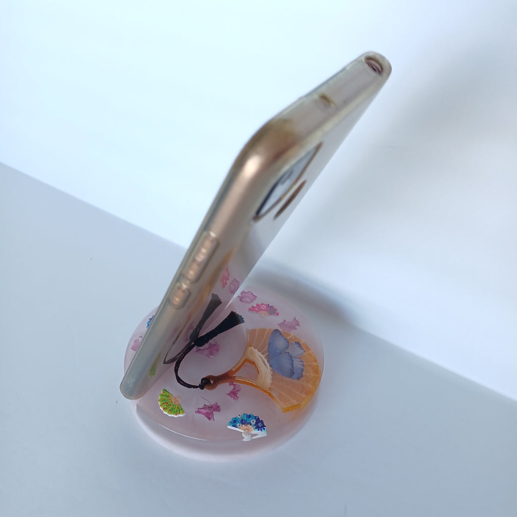Round Artistic Resin Phone Holder, Mini Breakfast Scene or Fan and Petals, Handmade Desk Decor, Cute Gift for Her