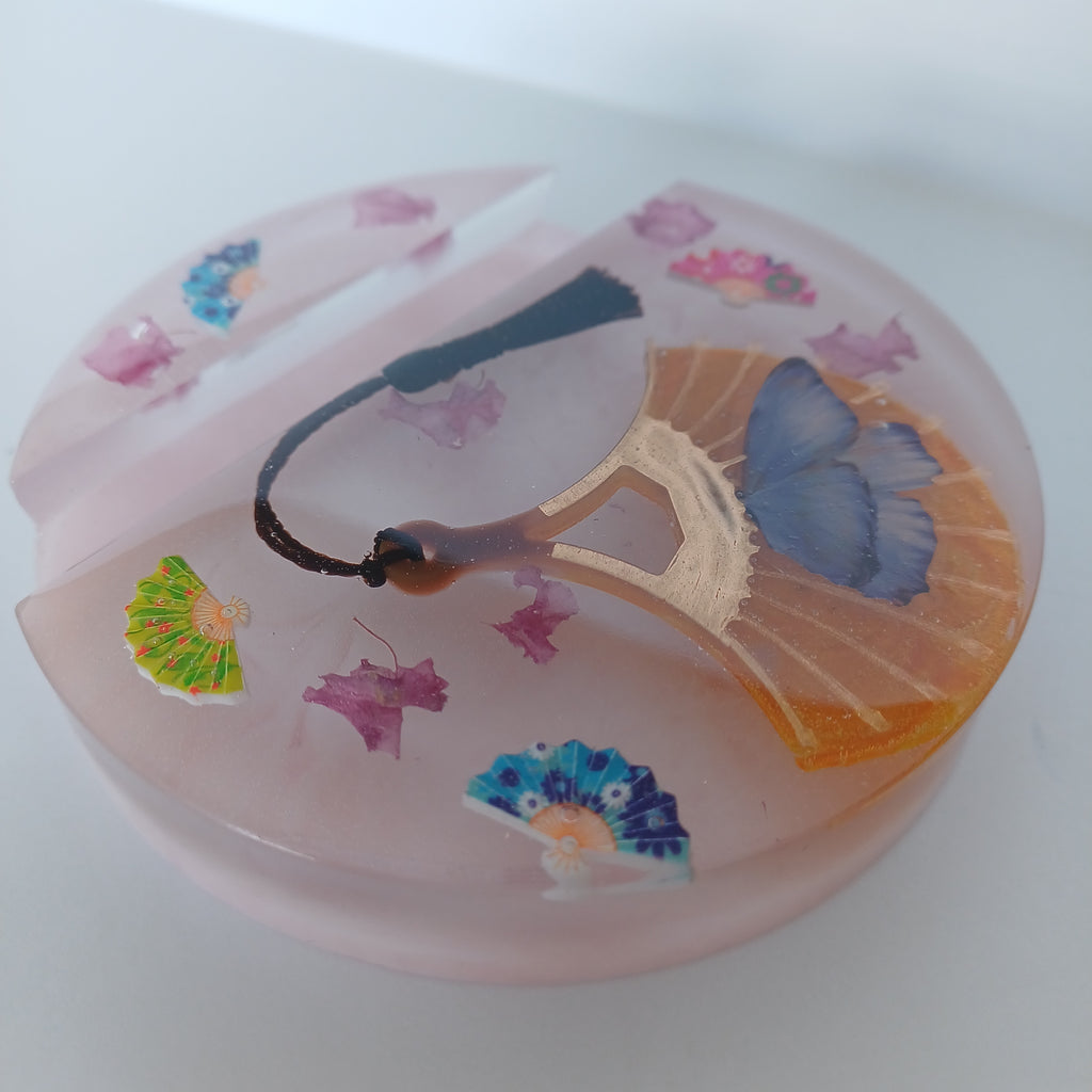 Round Artistic Resin Phone Holder, Mini Breakfast Scene or Fan and Petals, Handmade Desk Decor, Cute Gift for Her