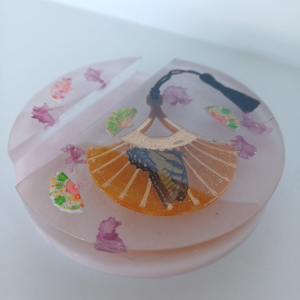 Round Artistic Resin Phone Holder, Mini Breakfast Scene or Fan and Petals, Handmade Desk Decor, Cute Gift for Her