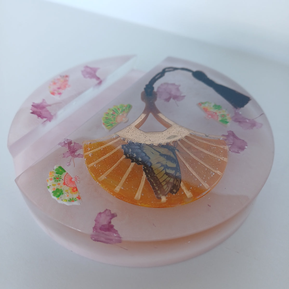 Round Artistic Resin Phone Holder, Mini Breakfast Scene or Fan and Petals, Handmade Desk Decor, Cute Gift for Her