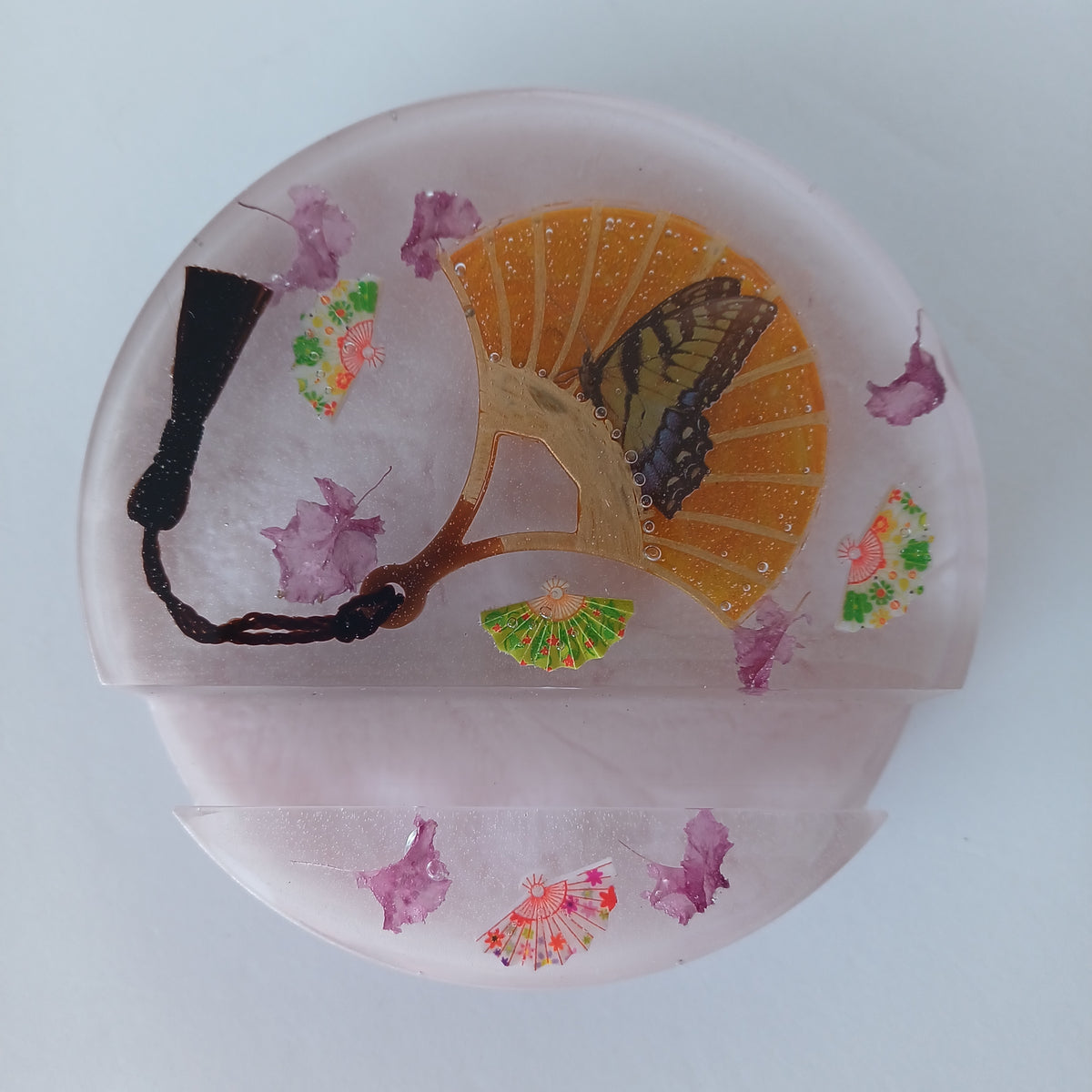 Round Artistic Resin Phone Holder, Mini Breakfast Scene or Fan and Petals, Handmade Desk Decor, Cute Gift for Her