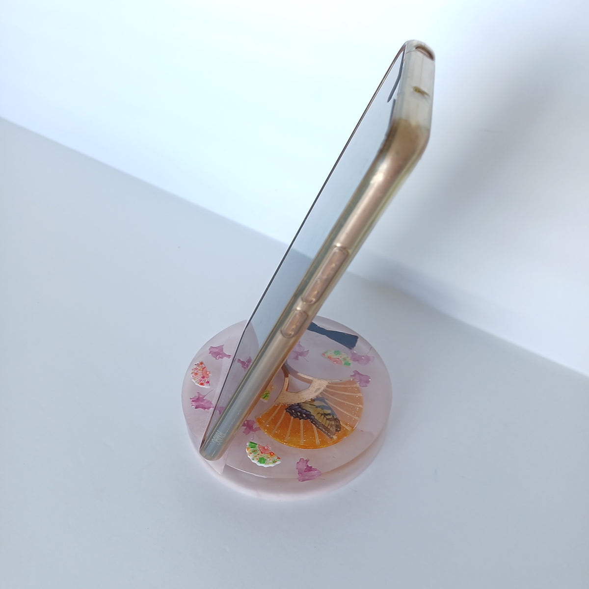 Round Artistic Resin Phone Holder, Mini Breakfast Scene or Fan and Petals, Handmade Desk Decor, Cute Gift for Her