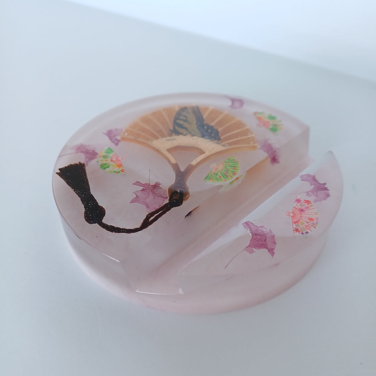 Round Artistic Resin Phone Holder, Mini Breakfast Scene or Fan and Petals, Handmade Desk Decor, Cute Gift for Her