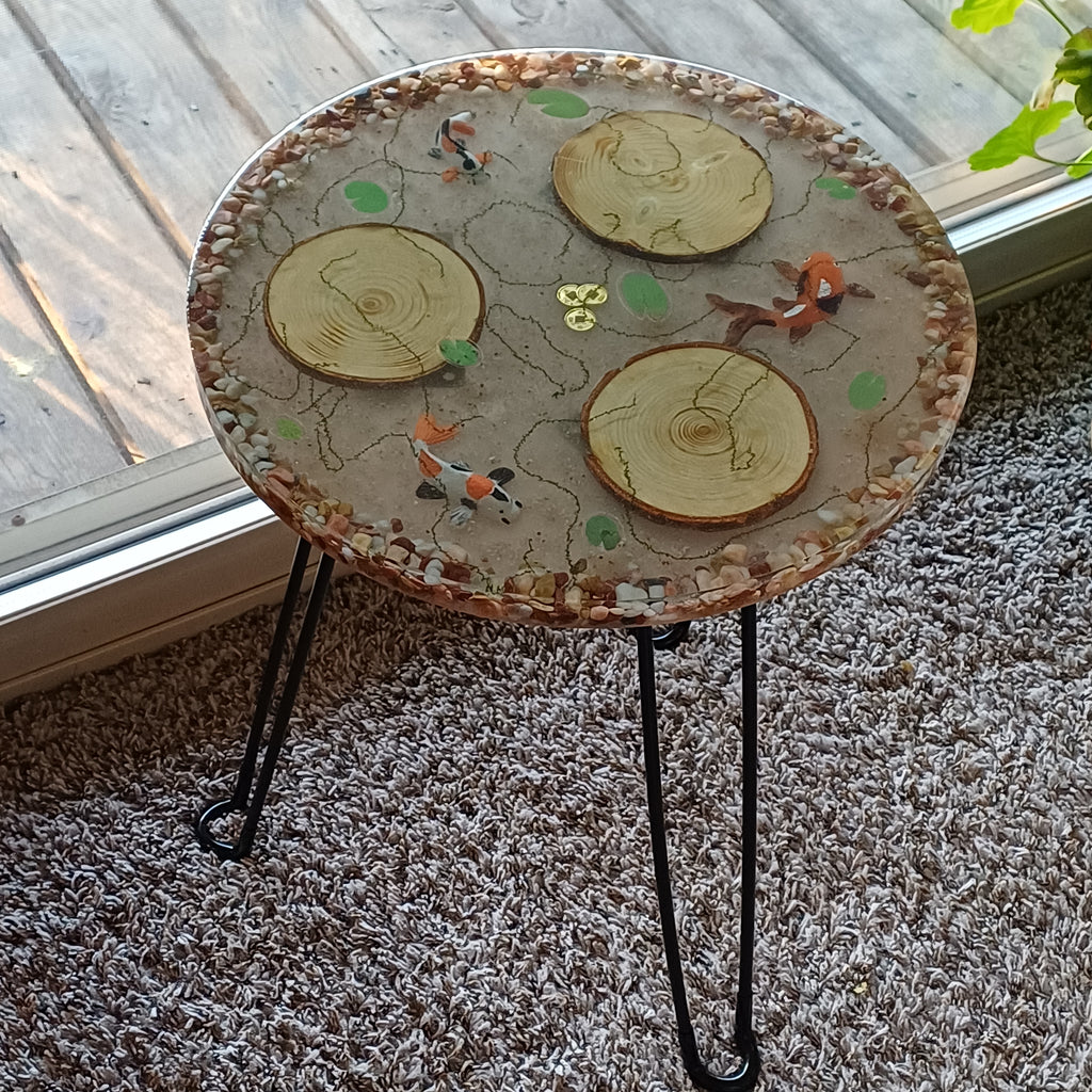 Round Resin Accent Table, Koi Pond Side Table