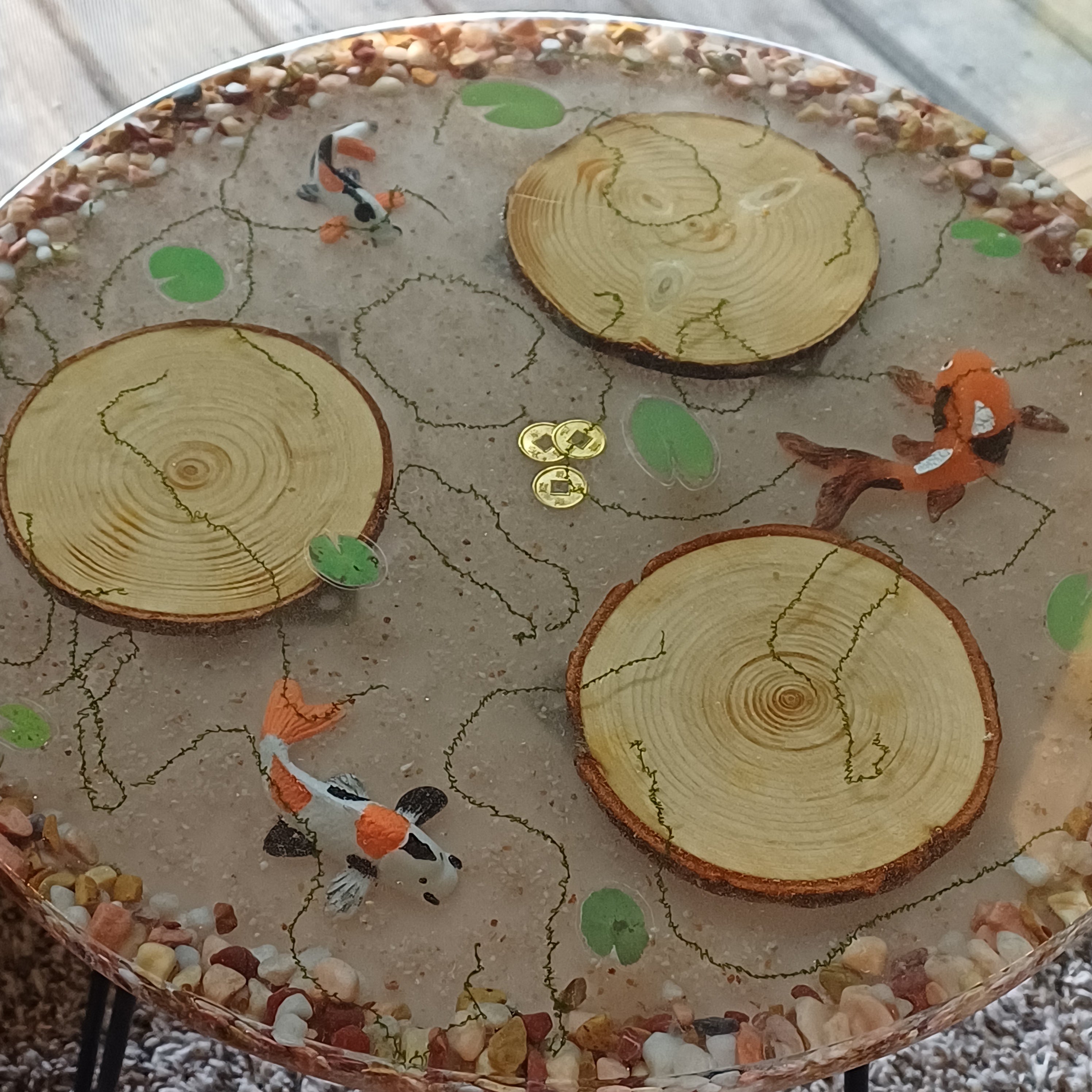 Round Resin Accent Table, Koi Pond Side Table