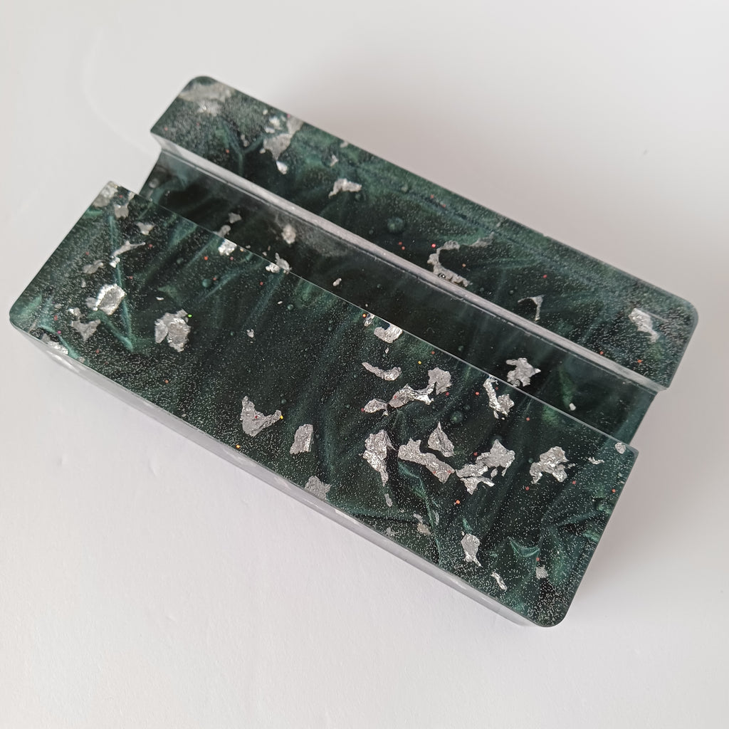 Rectangular Resin Phone Holder, Green Silk or Flying Colors, Handmade Modern Desk Decor, Office Gift