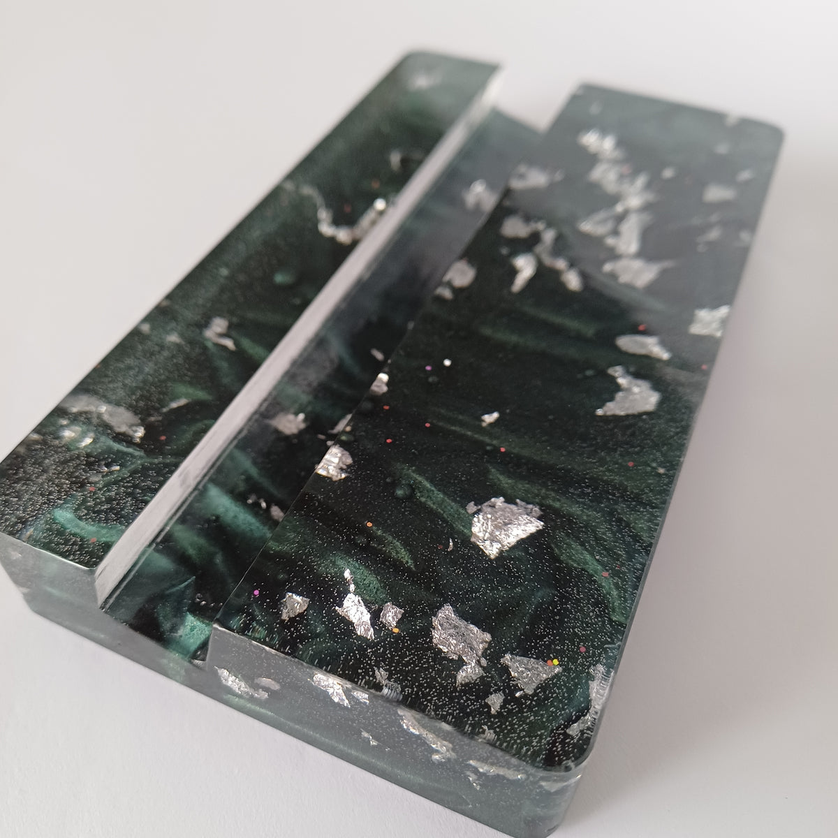 Rectangular Resin Phone Holder, Green Silk or Flying Colors, Handmade Modern Desk Decor, Office Gift